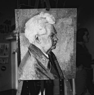 Portrait of Henry Crowe Esq. on easel. Alva St studio. Wilhelmina Barns-Graham in background.