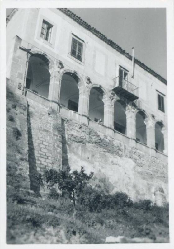 View of front terrace and porch of Villa Maggiacomo, Palermo, perspective from ground looking up