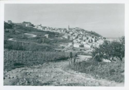 Sicilian town from a winding road that leads down into it. Sea to the right , farmland to the left.