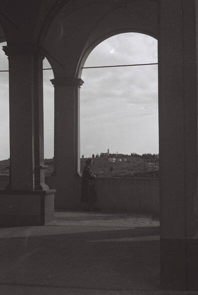 WBG looking out over the countryside from the arched corridor of a monastery. She is very small in the frame