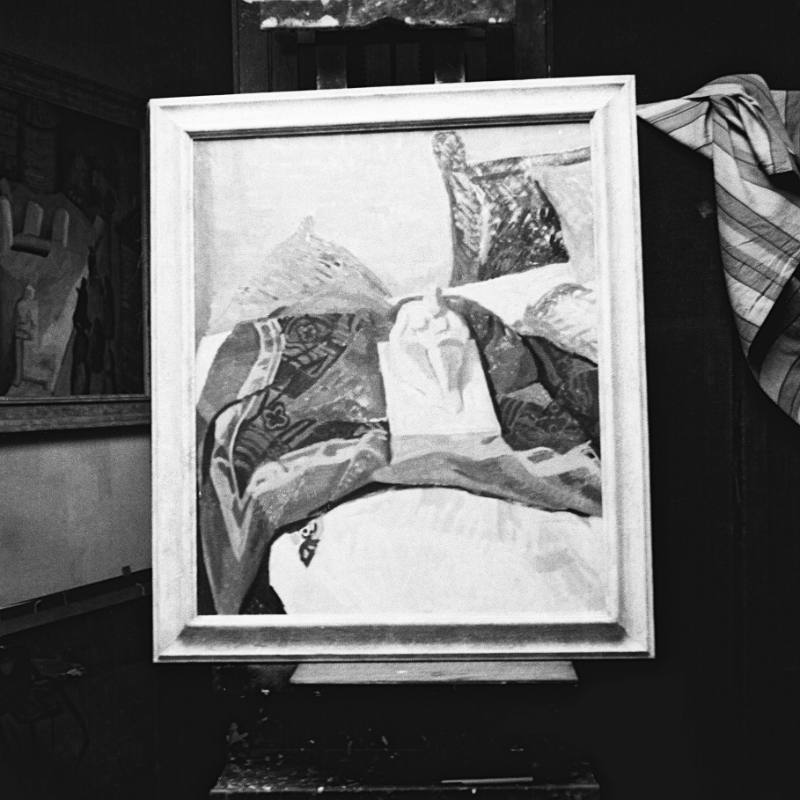 Still life on easel. Alva St studio. Flour Mill painting in background.