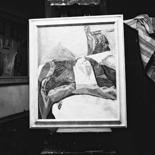 Still life on easel. Alva St studio. Flour Mill painting in background.