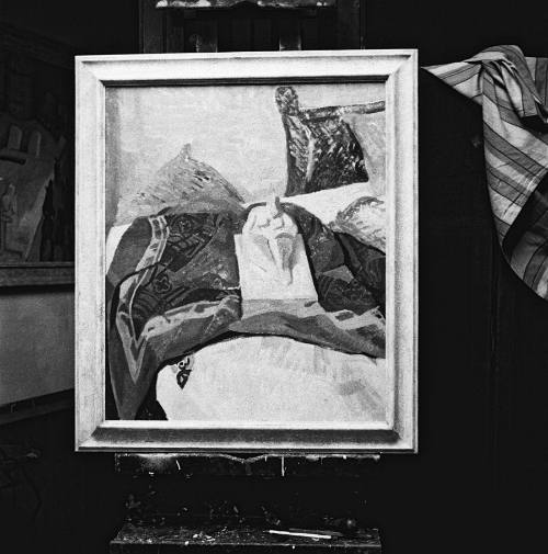 Still life on easel. Alva St studio. Flour mill painting in background.