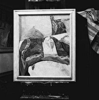 Still life on easel. Alva St studio. Flour mill painting in background.