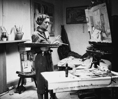 Wilhelmina Barns-Graham painting Edinburgh Interior on easel. Alva St studio.