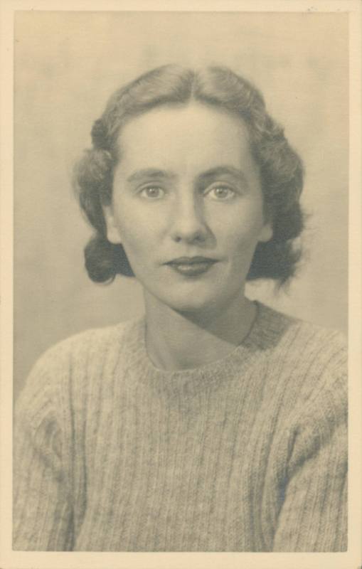 Studio portrait of Wilhelmina Barns-Graham, wearing jumper, facing towards camera. [Studio St Ives]