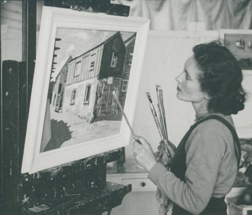 Half length portrait on Wilhelmina Barns-Graham at easel. No. 1 Porthmeor Studios.