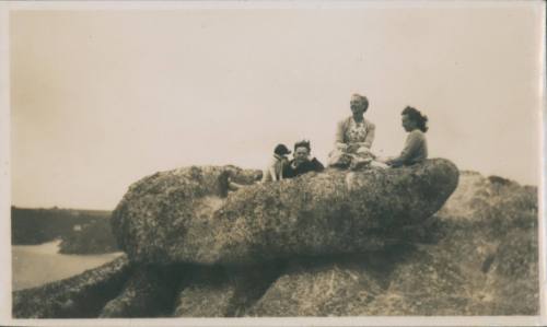 Wilhelmina Barns-Graham with Mrs Brotherton, and son. On a rock. Cornwall.