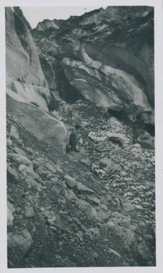 Wilhelmina Barns-Graham and Peter Brotherton on mountain. [Glacier scree].