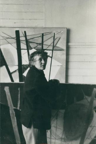 Wilhelmina Barns-Graham in studio with White, Black and Yellow 1957. No. 1 Porthmeor Studios.