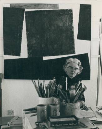 Wilhelmina Barns-Graham in front of Square Motive 1, Barnaloft Studio.