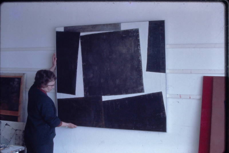 Wilhelmina Barns-Graham in Barnaloft studio hanging Square Motive I.