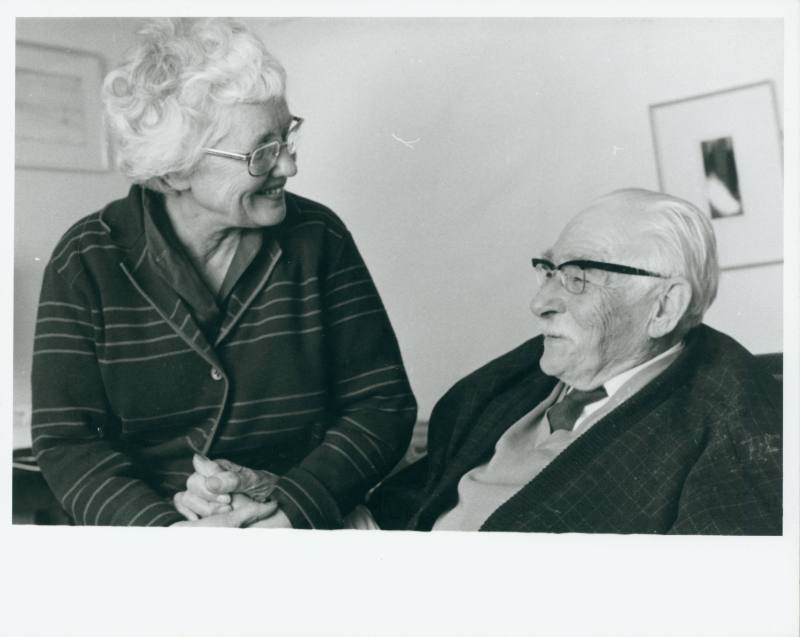 Wilhelmina Barns-Graham and Bernard Leach holding hands in Barnaloft flat.