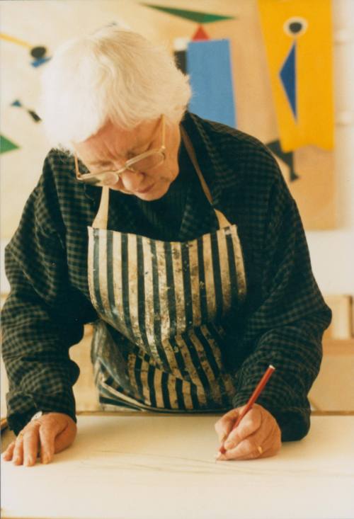 Wilhelmina Barns-Graham drawing line drawing. In front of Summer Painting.